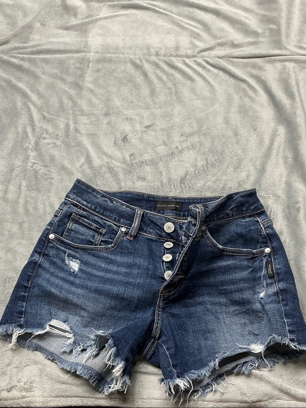 Silver Jeans Dark Indigo Distressed Button-Fly Denim Shorts
